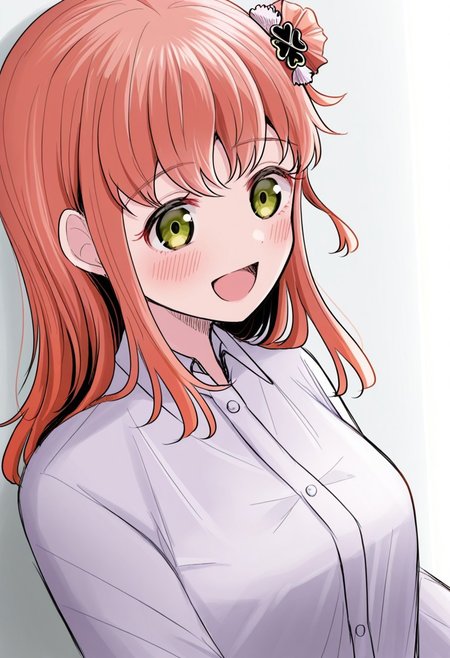masterpiece, best quality, 32k, high resolution, absurdres,  yotsuha, 1girl, shirt, solo, blush, open mouth, clover hair ornament, long sleeves, upper body, school uniform, smile