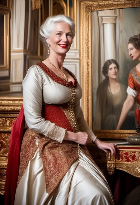 breasts shot,( life-like skin texture:1.5), realistic skin, (18th century:1.5), Europe, (victorian times), beautiful and mature, Tall, Strong, perfect face, Experienced middle-aged Empress, tradition ethnic Black royal clothes, covered hair, expensive fabric, photorealistic, realistic, extreme realism, (masterpiece, photorealistic), dappled sunlight, studio lighting, imperfections skin, probes, (photorealistic:1.6), <lora:add_detail:0.8>, medieval queen, royal banquets, female guards, include masques (a form of courtly entertainment with dancing, acting, and elaborate costumes), feasts, and balls. Gowns and Kirtles: Women wore long, flowing gowns made of luxurious silk, dressed sexy and attractive, (Empire waists:1.5), (white hair:1.5),( red lips:1.5),( subtle evil smile:1.5), white teeth
2girls,
(50 years old:1.5), 
1boy,
slave boy,
milfs,
moms,
(busty:1.3), 
(Horny:1.3), 
orgasm face, 
grannies, 
married, 
cheating, 
Mistress, 
French Queen medieval,
Empress, 
(determined look:1.5), 
(brave:1.5),
dominant presence, 
orgasm face, 
shocked, 
traditional 1650 royal outfit,
Powerful women, 
long legs, 
exposed legs, 
sexy legs, 
bustle dress, 1woman, loose pants, harem_pants, see-through, silk, tight-fitting shirt, impossible shirt, large breasts, long hair, loose_scarf, head_scarf, jewelry, , giga_busty