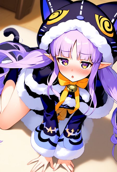 score 9, score 8 up,source anime, 1girl, solo.  kyouka \(princess connect!\),  from above,  fur-trimmed capelet, cat hood, hooded capelet, animal hood, fur trim, hood, striped clothes, capelet, fur-trimmed sleeves, socks, bow, fur-trimmed dress, black capelet, dress, purple bow,all fours,  drunk, 
 <lora:pony_kyoka_v1:1>