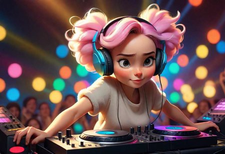 Imagine the most adorable fluffy cartoon 30 year old woman with a tiny top, who stands behind the decks with oversized headphones, ready to spin some tunes. As the spotlight hits her, the audience,, gathers around in excitement. Describe the scene as she starts mixing tracks, with colorful lights pulsating to the rhythm. How does the audience react? What kind of music is she playing, and how does it make everyone feel? Dive into the vibrant atmosphere, capturing the essence of joy, rhythm, and the magical connection between music and the cartoon world.
 intense, photorealistic lighting and cinematic lighting quality,  (sharp focus), backlighting, photo realistic, highly  detailed,
a colorized photo, RAW format, 8K photorealistic image, superflat, 4k, ultra hd, high resolution , UHD, shot with a professional DSLR camera like Fujifilm XT3, Sony A7IV, Nikon D850, Sony A9 II, Canon EOS R5,
The final image should be a professional, award-winning masterpiece with (sharp focus:1.2),, (intricately detailed, hyperdetailed), HDR, (extremely detailed 8k wallpaper), high quality, intense, intricate, highly detailed, octane render, fine detail, ultra realistic, crisp, super sharp, studio quality, masterpiece, best quality, UHD, Film grain, photorealistic, trending on cg society