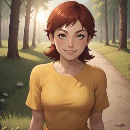 score_9, score_8, BREAK, solo, wii, mii, wii sports, 1girl, female mii, dark yellow eyes, dark red hair, blush, brown eyebrows, yellow clothing, white pants, shoes, nintendo mii, modern_mii, classic_mii, breasts, Emily_(Wii_Sports), cute, sexy pose, smile, outdoors, sunlight, shadows, evening lighting, natural lighting, forest, trees, grass, orange sky, sunset