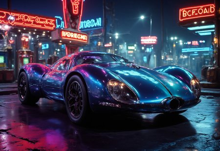 A highly detailed photo of a luxurious retro-futuristic supercar under neon lights at a vintage gas station. The car's sleek body, chrome details, and pearlescent indigo-blue paint reflect the light, evoking a nostalgic 1950s aesthetic. The atmospheric scene includes a "Red Rocket" sign and wet pavement, adding to the cinematic feel.