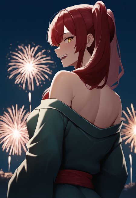 masterpiece, best quality, newest, anime, from behind, solo, 1girl, zar4def, smile, open mouth, teeth, looking back, long hair, red hair, twintails, yellow eyes, japanese clothes, green kimono, off shoulder, kimono pull, red sash, bare shoulders, outdoors, night, fireworks
<segment:yolo-Anzhc Face seg 640 v3 y11n.pt,0.4,1//cid=11>
