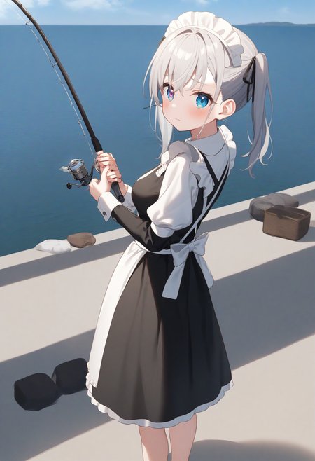 1girl,sincos, ningen mame, toosaka asagi,solo,medium breasts,20yo,maid,maid headdress,
fishing, fishing rod, fish, boat, holding fishing rod, holding fish, ocean, day, arm up, water drop, fishing line, <lora:fishing_XL_v1:0.8>
from behind, wide shot, looking to the side, white hair, heterochromia,scared,  closed mouth, two side up hair,,
best quality, very aesthetic, absurdres