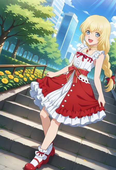 cityscape, park, outdoor, trees, day, flowers, clouds, stairs,
BREAK,
open smile, 
full body, dynamic angle,
BREAK,
<lora:coletteX2_illustriousXL_v07:0.9>
coletternd, blonde hair, blue eyes, long hair, braid, single braid, colettemaiden, sleeveless dress,  frilled dress, bare shoulders,  chest jewel, choker, red hair tie, white frills, multicolored dress, red footwear, white socks, red waist ribbon,, source_anime, very aesthetic, anime coloring, masterpiece, 
best quality, amazing quality, ultra detailed, very aesthetic, 
detailed background, 
BREAK,