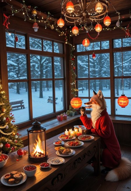 fluffy_new_year, merry_furistmas , a realistic and heartwarming scene featuring a family of white foxes preparing for the New Year celebration in a cozy and festive setting. The room is adorned with traditional decorations, including red lanterns, hanging ornaments, and a table filled with delicious dishes and treats.
The fox family, dressed in festive attire, works together joyfully: one fox is arranging flowers, another is placing food on the table, while playful fox cubs are chasing each other around the room. A glowing fireplace adds warmth to the atmosphere, and outside the window, snow gently falls, creating a magical winter backdrop. The scene captures a vibrant and cheerful New Year spirit.
