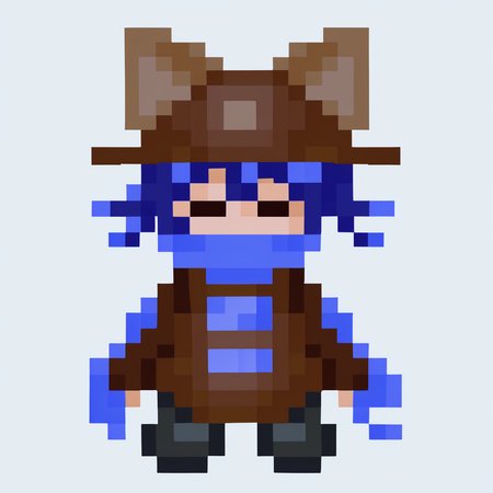 yumenikkisprite, pixel, <lora:YumeNikkiSpriteStyle.safetensors:.95>, <lora:nikov3.safetensors:1>, cniko, blue hair, short hair, hair between eyes, whiskers, cat hat, closed eyes, blue scarf, brown dress, very long sleeves, sleeves past fingers, black legwear, solo, full body, no mouth, arms at sides, simple background, white background