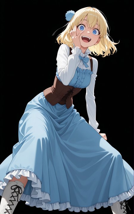 masterpiece, best quality, amazing quality, 

simple background, black background, 

ari4, blonde hair, short hair, hair ornament, blue eyes, dress, bowtie, long skirt, frills, white footwear, knee boots, lace-up boots, 

1girl, cowboy shot, from below, standing, looking at viewer, wide-eyed, smile, open mouth, teeth, leaning forward, arm at side, clenched hand, hand up, open hand, hand on own face, covering face, spread legs