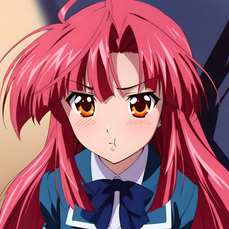 (masterpiece),(best quality),(ultra-detailed),(best illustration),(best shadow),(absurdres),(detailed background),(very aesthetic), ayano kannagi, 1girl, solo, blush, red hair, long hair, pink hair, orange eyes, portrait, pout, looking at viewer, schooluni, school uniform, skirt, from the front, <lora:ayanokannagi-40:1>