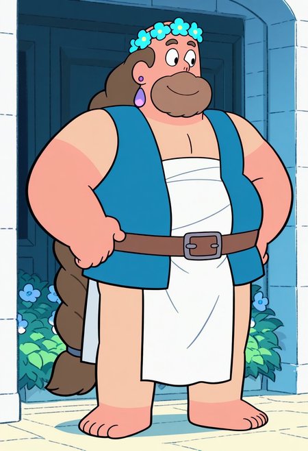detailed background, detailed background, solo, GregUIL, 1boy, male focus, fat, beard, black eyes, long braided hair, brown hair chubby, smile, masterpiece, perfect quality, best quality, detailed, newest, very aesthetic, Z00Man0utfit, flower crown, blue vest, white loincloth, brown belt, purple earrings, bare feet