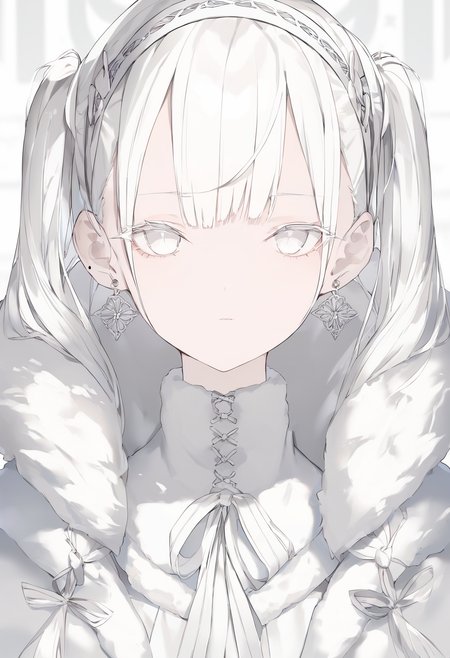 score_9,score_8_up,score_7_up,score_6_up,source_anime,
1girl,solo,white hair,white eyes,bangs,white eyelashes,twintails,hairband,earrings,fur-trimmed capelet,mole under eye,
looking at viewer,half-closed eyes,expressionless,
blurry background,simple background,<lora:ãããã-000015:0.8>,