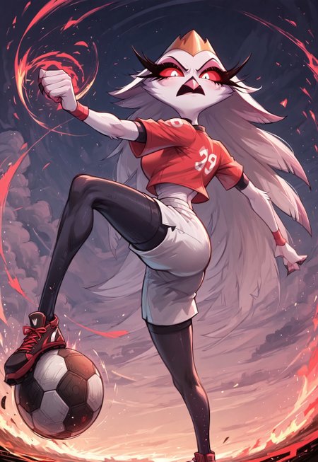 masterpiece, score_9_up, score_8_up, score_7_up, score_6_up, source_furry, (best quality:1.1), ultra-detailed, high resolution, solo, highly detailed macro illustration, Stella, from helluva boss, avian, pink beak, red sclera, long eyelashes, ((beautiful detailed eyes)), red sclera, (angry expression, angry face:1.1), black soccer uniform, sports shoes BREAK action pose, soccer game, kicking ball, flipping off viewer, outdoors, soccer field, BREAK Highly Visible, sharp focus, perfect lighting, anatomically correct, extremely detailed, high detail, Expressiveh, detailed background, zPDXL3