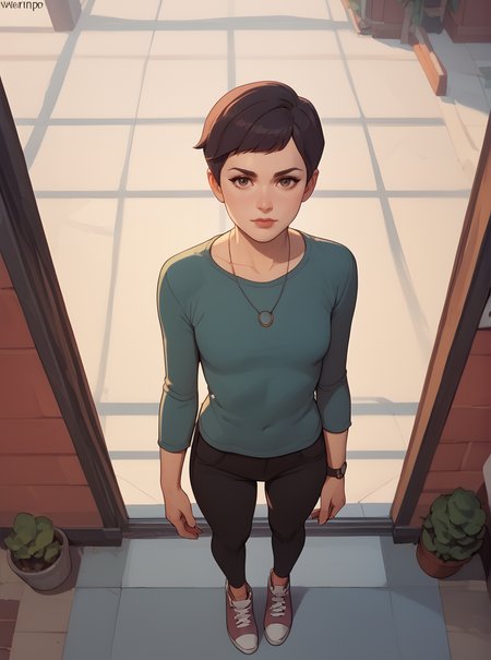 score_9, score_8_up, score_7_up,  1girl, cartoon, western animation, looking at viewer, flat colors, outline, standing, full body, from above,  <lora:ellenkpxl:1>, ellenkpxl, short hair,