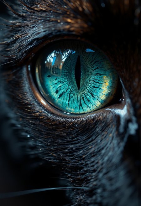 Focus on the textured surface of a cats eye and slight part of its nose and mouth,capturing the dense network of tiny, repeating dimples that create a fractal-like pattern. Use an ultra macro lens to isolate a small section of the eye,emphasizing the tactile detail of its teal surface. Side lighting enhances the dimensionality of each line, casting subtle shadows across the cats smooth black fur
Position the camera to balance symmetry and organic randomness, creating a dynamic yet harmonious composition. The vivid teal hue of the eye dominates the frame, with blurred highlights in the background adding a sense of warmth and depth. This close-up transforms an everyday object into a study of micro-scale fractal beauty.