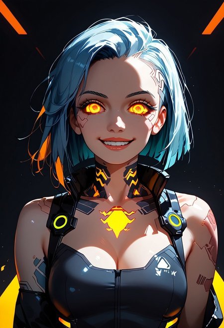 score_9, score_8_up, ultraHD, easynegative, Expressiveh, ultrarealistic, BREAK, dragongoddess, cyberpunk outfit, fully covered, digital clothes, neon orange digital eyes, cyberpunk face, warm smile, bust shot, BREAK