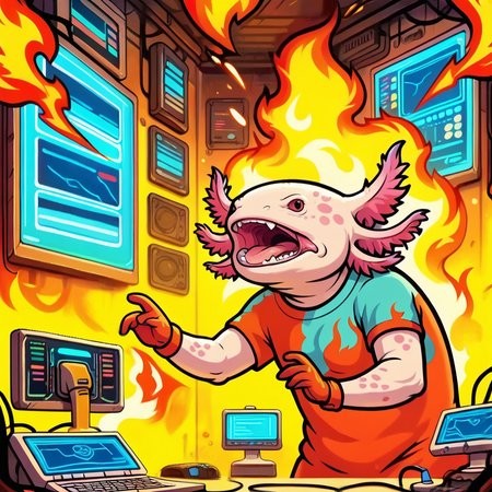 score_9, score_8_up, score_7_up, source_cartoon, Archerstyle, ((axolotl)), ((panic)) computer server room background, chaos, fire, smoke, broken computers, mouth open, angry, solo, thick outlines embedding:zPDXL2, <lora:Axomodel_PDXL.safetensors:1:1> <lora:Archer_style_PDXL.safetensors:1:1>