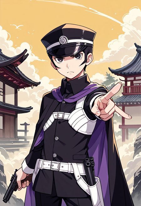 score_9, score_8_up, score_7_up, source_anime BREAK 1boy, solo, japanese town, looking at viewer, serious, closed mouth, dynamic pose, confidant, holding, gun, pointing gun at viewer, yellow sky, mist, fog,
,raidoudsrk, short hair, black hair, black eyes, shako cap, gakuran, pants, cape, holster, cowboy shot