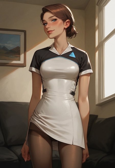 score_9, score_8_up, score_8_up, godrays,1girl, living room, blush, sweat, expressiveh, used, standing, sexy legs, sexy pose, thigh gap, legs apart, happy, pantyhose,  medium breast, petite body, skinny, 1girl, short hair, brown hair, blue eyes, lips, dress, pants, short sleeves, gentle smile, dynamic angle, lifting skirt up