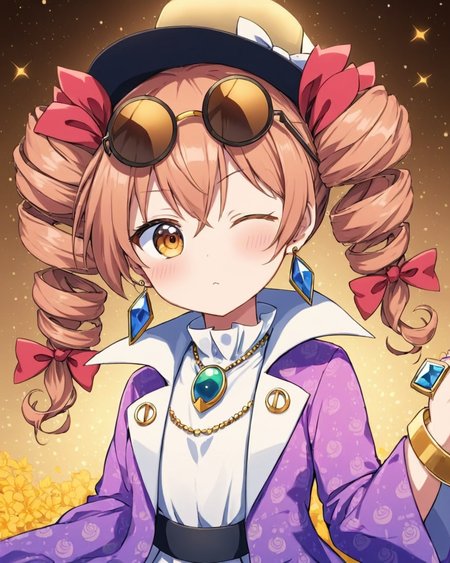 yorigami jo'on,1girl, sunglasses, round_eyewear, eyewear_on_head, earrings, twin_drills, gold, ring, bangle, white_dress, necklace, purple_coat, one_eye_closed, high_collar, floral_print, pendant, ribbon, hat_bow, cowboy_shot, mini_top_hat, blush, solo, gradient, gradient_background, looking_at_viewer
<lora:yorigami_jo'on_image1462_2023-12-20-000014:1>,star-shaped_pupils,symbol-shaped_pupils,. gorgeous,key visual, vibrant, studio anime,award-winning, professional, highly detailed,high budget, cinemascope