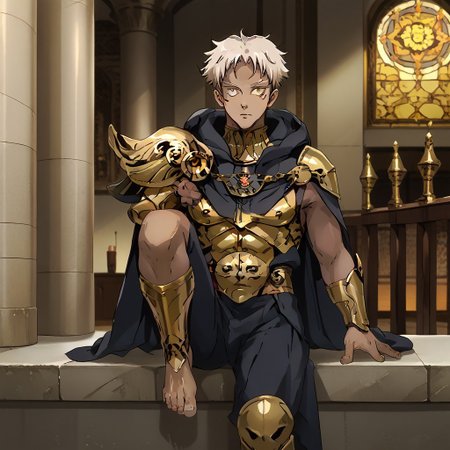 source_anime, anime screenshot, anime colouring, highly detailed, intricately detailed illustration,  Palace background, indoors, solo, 1male, Dark skin, white hair, yellow eyes, male focus, black cloak, black pants, barefoot, 5 toes, leg armor, gold leg armor, shin armor, shoeless leg armor, itadori yuuji, itadori_facial mark, sitting on ledge
