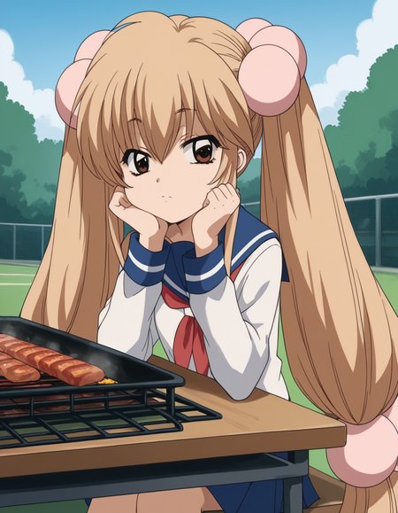 score_9, score_8_up, score_7_up, source_anime, <lora:rin-kokonoe-s1-ponyxl-lora-nochekaiser:1>, rin kokonoe, long hair, brown hair, hair ornament, twintails, brown eyes, very long hair, hair bobbles,, school uniform, serafuku, long sleeves,, backyard, barbecue, grilling, laughter, summer evening, , sitting, head rest, table,, looking at viewer, solo,, dutch angle, cowboy shot