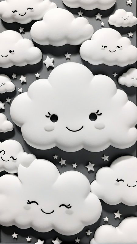 <lora:3DPrintingXL:1>,whitemold,3d printed mold,art style,greyscale,monochrome, Cloud-shaped, smiling, with small stars around it, soft and fluffy, whimsical design