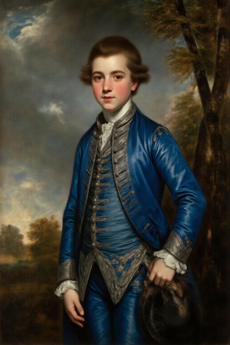 jore1 gainsbo1 painting. 
An elegant portrait of a young boy dressed in a striking blue silk outfit from the 18th century, standing confidently against a soft, natural landscape backdrop. The boy is adorned with a doublet and breeches of a rich, vibrant blue, accented by intricate silver embroidery and white lace collar and cuffs. His pose is poised and relaxed, with one hand resting on his hip and the other holding a feathered hat. The background features a soft, atmospheric blend of clouds and trees, emphasizing a harmonious balance between the subject and nature. The painting is rendered in a classic, detailed, and realistic style, reminiscent of 18th-century Rococo portraiture 
 <lora:jore1_cap_d6a3e12:1.0><lora:818388752767464216:0>