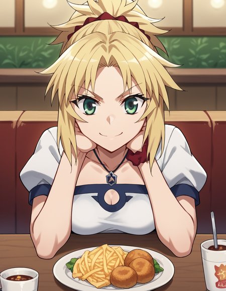 score_9, score_8_up, score_7_up, source_anime, <lora:mordred-apocrypha-s1-ponyxl-lora-nochekaiser:1>, mordred, green eyes, blonde hair, ponytail, short hair, scrunchie, red scrunchie, hair scrunchie, medium breasts,, <lora:pov-across-table-ponyxl-lora-nochekaiser:1> pov across table, pov dating, restaurant, table, meal, care, cup, head rest, smile, elbow on table, food, elbow rest, ,