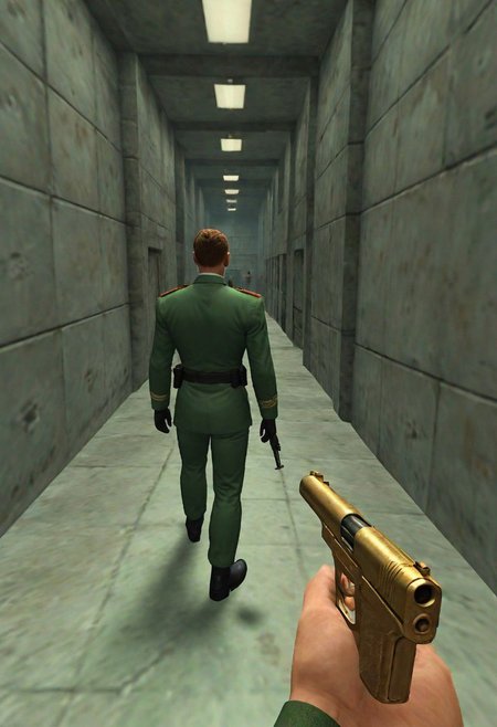 fpv, First Person view, Holding black silenced gun, N64 Game golden-eye James Bond Style, Long Floor, soviet guard in Green Uniform,