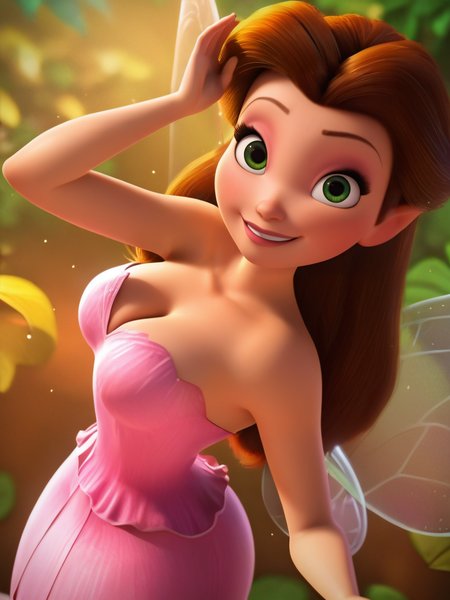 score_9, score_8_up, score_7_up, score_6_up, 1girl, fairy wings, green eyes, brown long hair, pink dress, bare shoulders, sexually suggestive, curvy, medium breast, sexy, looking at viewer, cowboy shot, dynamic pose, cute, solo, dutch angle, cleavage, forest, vegetation, smile, :D, from above, particles around, from side, arms togother, cute pose, 
RossetaXLP , cartoon,  <lora:RossetaXLP_character:0.8>  <lora:DisneyStudios_style:0.8> DisneyStyleXLP, cinematic,