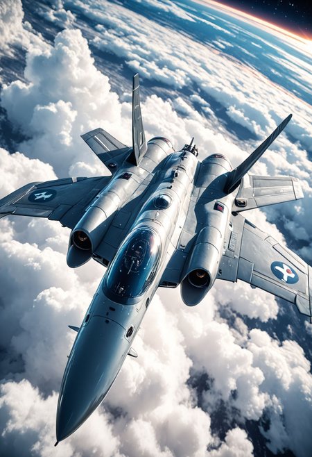 SmoothNoob_Quality, fighter jet, above clouds, space, <lora:Smooth_Booster:0.5>​​​