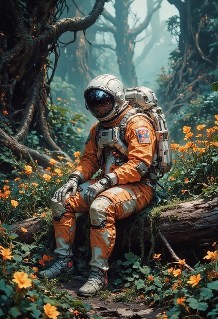 Astronaut in a futuristic orange and white spacesuit sitting on a log in a lush alien forest. The forest is filled with vibrant green plants and glowing yellow flowers, softly illuminated by diffused ambient light. The atmosphere feels peaceful, blending the advanced technology of the astronaut with the untouched beauty of nature. Background trees fade into a subtle mist, adding depth and mystery to the composition