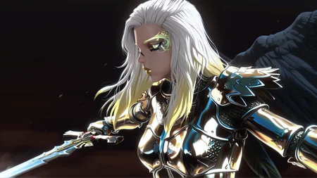 masterpiece, best quality, amazing quality, absurdres
1girl, solo, vasiy, uriel, angel, pointy ears, two tone hair, white hair, yellow hair, yellow eyes, yellow lipstick, tattoo, wings, long hair, gold armor, gold chainmail, war makeup, alone, holding sword, fighting stance, dark_art_style
 <lora:Vasiy-Uriel_V2:1>  <lora:dark_art_style_illustriousXL:1>