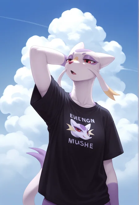 masterpiece,best quality,amazing quality, <lora:maxmushroom_style_illustrious_v1f:1> maxmushstyle, 1girl, furry, mienshao BREAK
t-shirt, cloud, cloud focus