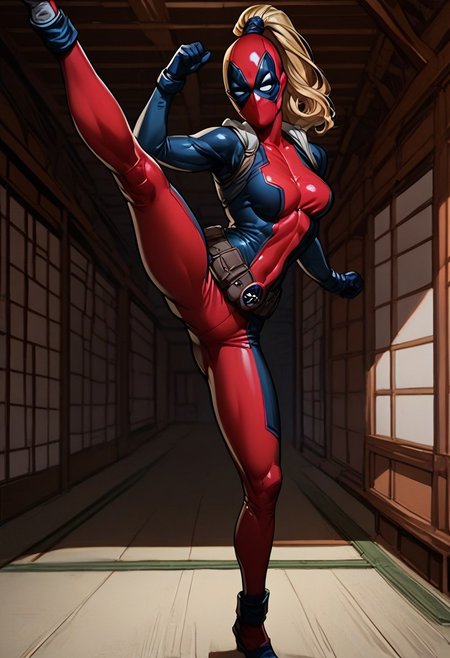 score_9, score_8_up, score_7_up, score_6_up, score_5_up, score_4_up,intricate detail, high res,
1girl, solo, bodysuit, blonde hair, ponytail mask, mask, breasts,
Full body, in dojo, side kick