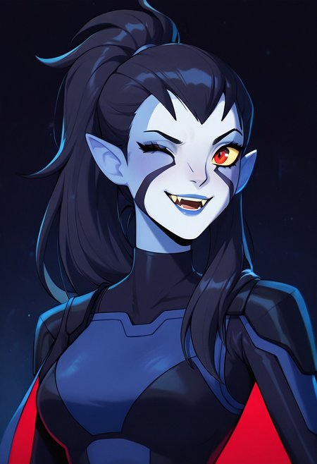 masterpiece, best quality, amazing quality, very aesthetic, absurdres, newest,
<lora:rook-10:1> rook, female focus, colored skin, alien, 1girl, yellow sclera, blue skin, white face, , red eyes, pointy ears, ponytail, black hair, hair on shoulders, smile, upper body, teeth, fangs, open mouth, blue lips, lipstick, wink, 
 blue bodysuit, armor,
