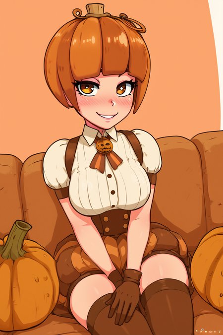 score_9, score_8_up, score_8, medium breasts, (curvy), cute, eyelashes,      ,,, zPmpknGrl, brown eyes, short hair, brown hair, blunt bangs,  gloves, thighhighs, short sleeves, jack-o'-lantern, pumpkin, shirt, sitting, white shirt, <lora:PumpkinGirl_Masashi_PDXL:0.8>,   ,,, hand between legs, blush, smug,  ,,,  smile, looking at viewer, blush, blurry, couch, sitting,   ,,, <lora:Afrobull_PDXL_v5:0.8>, ,  ,,, BREAK,   smile, looking at viewer, cowboy shot,   embedding:zPDXL, Expressiveh, <lora:SDXLFaeTastic2400:0.5>,  <lora:Expressive_H-000001:0.4>,