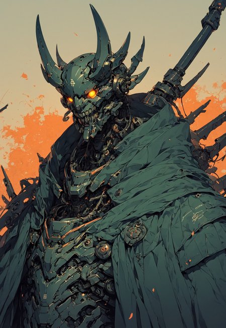 score_9,score_8_up,score_7_up, solo, 1man, upper body, forest green armor, orange oranments, simple neon background, no humans, glowing, glowing orange eyes, helmet, devil horns, robot, insectoid, mecha, oni-demon, silver cyberbunk outfit, blade cloak, heavy weaponized, samurai, naginata blade, science fiction, cyborg, mechanical parts, humanoid robot, bulky, science fiction, sinozick style, flat color, dark theme, cowboy shot, Expressiveh