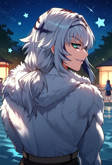 zPDXL3, score_9_up, score_8_up, score_7_up, (Anime_source), 1girl, Yenlang, muscular female, teal eyes, multicolored hair, white hair, long hair, Yenlang clothes, (looking back), upper body, looking at viewer, smile, parted lips, night, star(sky), water waves, standing outside