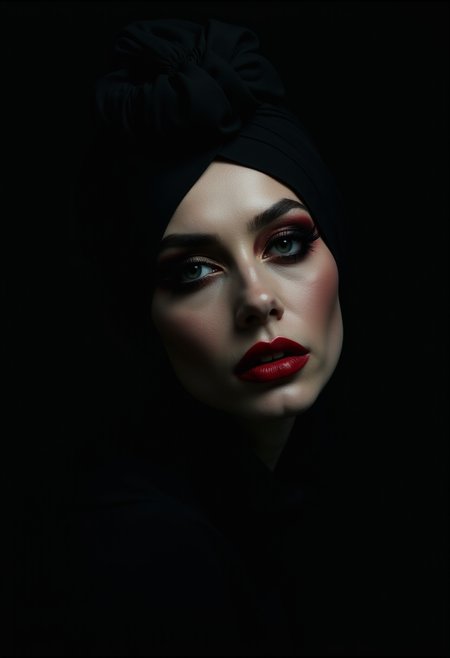 Dark background, a sensual female demon, eyeshadow, close up, black turban, volumetric lighting, cinematic horror, aesthetic, movie poster style, award winning