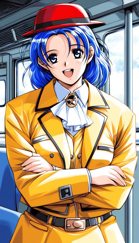 score_9, score_8_up, score_7_up, source_anime, rating_explicit, BREAK <lora:Nonomura_Misato_XL:1>Nonomura_Misato, blue hair, blue eyes, medium hair, medium breastsãbraid, open mouth,
bus guide, 1girl, solo, red hat, ascot, smile, Yellow jacket, bowler hat,
1990s (style),  looking at viewer, v arms, skirt, long sleeves, shirt, belt, uniform,
