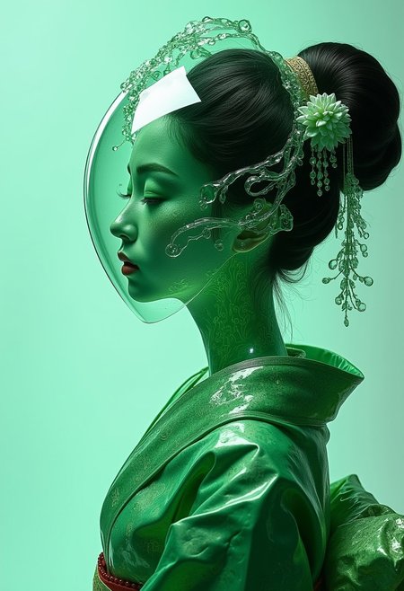 A geisha in Sorayama style with a thick layer of clear glass head and face, flowing fractal beneath the surface, elegant kimono pose made of glass, emerald angelic scene, futuristic,  <lora:models\Flux\Elden_Ring_-_Yoshitaka_Amano:0.75>,,