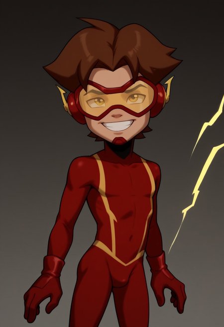score_9, score_8_up, score_7_up, CuteCartoonStyle, petite, shortstack, highly detailed, cute boy, 1boy, solo,  Impulseyj, red framed goggles yellow lenz, red and white bodysuit, brown hair, skinny, lean body, red gloves, big smile, dominating pose,  yellow lightning