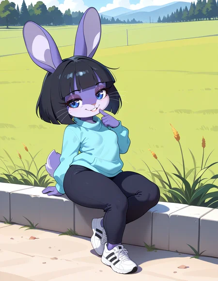 masterpiece, best quality, very aesthetic, absurdres,
outdoors, casual, 
full body, posing, 
seductive smile, parted lips, long eyelashes,
 <lora:Marlenne_v02_NAIXL:1>
m4rl3nn3,1girl,solo,furry,furry female,rabbit girl,black hair,short hair,blunt bangs,rabbit ears,blue eyes,animal nose,whiskers,body fur,purple fur,rabbit tail,
