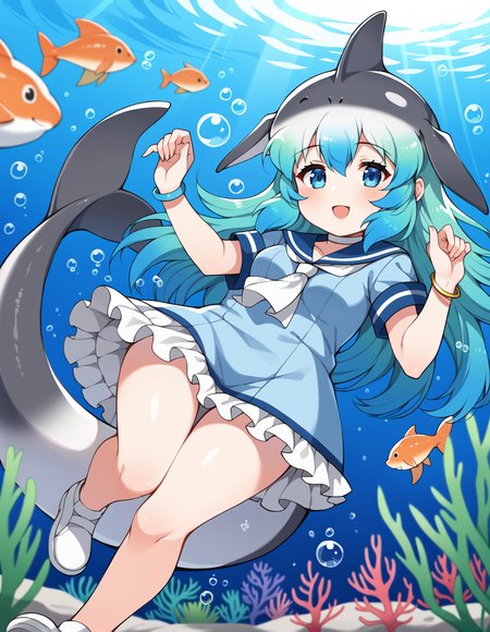 score_9, score_8_up, score_7_up, source_anime, rating_safe, BREAK <lora:cbDolphinXL_LoRA-C3Lier_AdamW_Dim8_Alpha8_UN-3e-4_TE-1.5e-4_10batch_ponyDiffusionV6XL_v6StartWithThisOne:1>, common bottlenose dolphin \(kemono friends\), 1girl, head fins, multicolored hair, long hair, blue eyes, cetacean tail, small breasts, white choker, sailor dress, blue dress, frilled dress, bracelet, white neckerchief, short sleeves, jewelry, pointy footwear, white footwear, eye focus, depth of field, floating, floating hair, underwater, air bubble, seaweed, coral, fish, sunlight