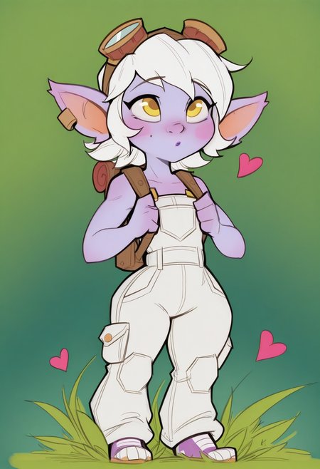 w311ingt0n,  masterpiece, best quality,  solo,    tristana\(league_of_legends\), white hair, ultra detailed yellow eyes, white overalls, purple skin, love hearts, backpack, goggles,  seated on grass,  silly expression, grassy fantasy background
