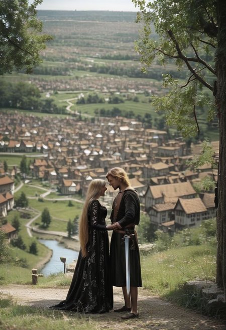 score_9, raw photo, scenery, village,  romance, film still, grainy, , 1girl, 1boy templar, sword on belt,  dress, black dress, long hair, blonde hair, outdoors, blurry, holding hands, grass