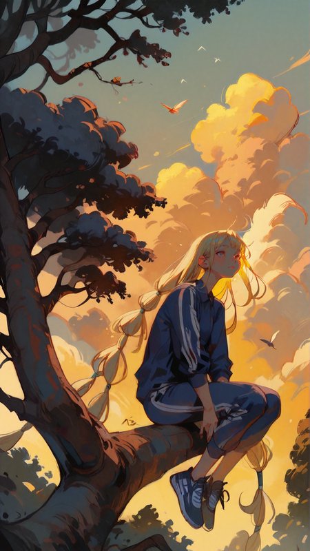 masterpiece, newest,absurdres,incredibly absurdres, best quality, amazing quality, very aesthetic, 
1girl, very long hair, blonde, multi-tied hair, center-flap bangs,  sunset, cumulonimbus cloud, old tree,sitting in tree, dark blue track suit, adidas, simple bird, 
  <lora:BlueFley_Style_-_Illustration:1> by_bluefley <lora:style1_v1_Illusv2.0_1:1> stylized