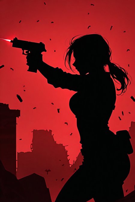 score_9,  masterpiece, best quality, amazing quality, very aesthetic, absurdres, newest, ultra-detailed, sharp focus, depth of field, dynamic composition, side view, cinematic shot, Lara Croft_\(tomb_raider\), 1girl, solo, ponytail, cowboy shot, shooting a gun,  shooting bullet, action shot, dramatic pose, silhouette, ancient archeological ruins, red theme, red light scatter, suspenseful tension, poster aesthetics, dramatic shadows, c0mix, artist:moriimee