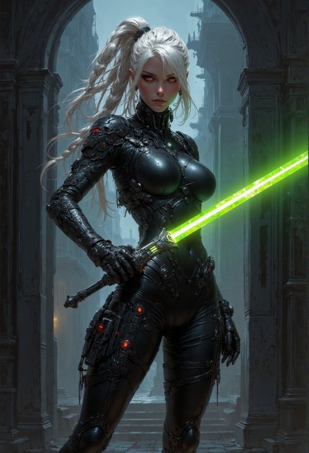 cybernetic style fantasy style, , 1girl, young, high braided  ponytail , platinum hair,  grim dark futuristic assassin, seductive, black skin tight bodysuit, slim  body, small waist, gloves, leather elbow gloves, jewelry ,(solo), pale skin, curvy body, freckles, athletic body, , , slim waist,, untouched beauty, clear, lively, detailed face, upper body accent, dark makeup, goddess,, seductive look,gothic  Victorian influence
dynamic action pose
she is swinging the viewer  with a long green blade
her eyes are augmented and cybernetic glowing red eyes that pierce through the darkness
background of a darkened futuristic  palace
<lora:CPA:0.6>low-key lighting, atmospheric haze, underexposed, cinematic darkness, deep shadows . futuristic, technological, cybernetic enhancements, <lora:artisketchyfs-v02:0.5> <lora:FluxMythV2:0.7>